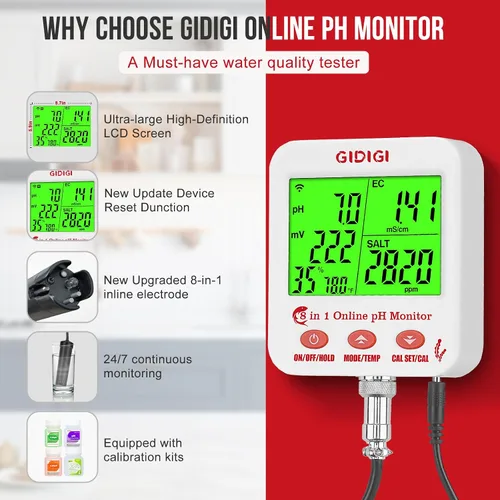 Vista 3 de Medidor digital de pH EC Medidor de pH hidropónico inteligente con WiFi para pantalla grande en tiempo real con múltiples parámetros mostrados