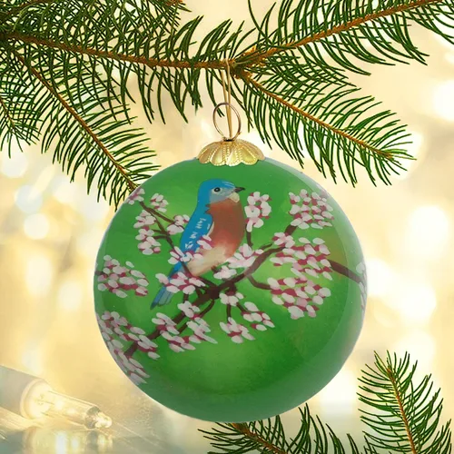 Vista 4 de Adorno navideño de vidrio soplado Bluebird Incluye caja de regalo