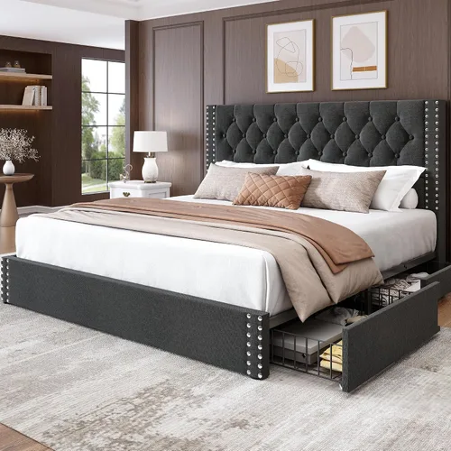 Vista 14 de LARMACE Base de cama tamaño matrimonial con 4 cajones de almacenamiento y cabecera copetada, base de cama tapizada en lino con listones de madera