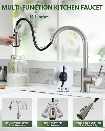 Vista 2 de VFAUOSIT - Grifo de cocina con rociador extraíble, grifo de fregadero de cocina sin plomo, níquel cepillado, acero inoxidable, arco alto, extracción