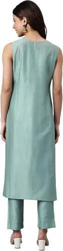 Vista 6 de Janasya Kurta de seda de color verde marino para mujer india con pantalón