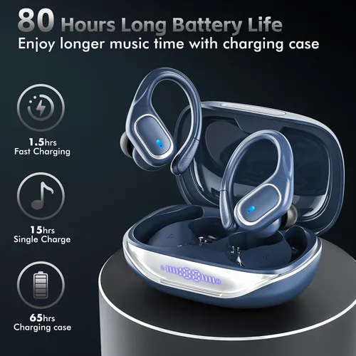 Vista 2 de HAOYUYAN Auriculares inalámbricos Bluetooth 5.3 con reproducción de 80 horas, IPX7 impermeables sobre los oídos con pantalla LED de alimentación