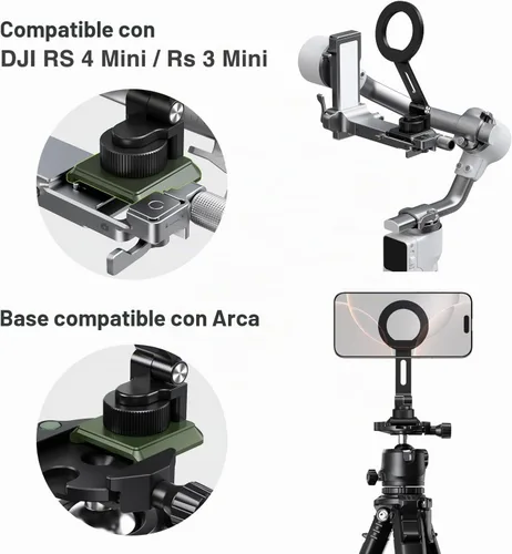 Vista 4 de Adaptador de montaje de trípode de teléfono de aluminio Elitehood para DJI RS 4 Mini, montaje de trípode magnético para smartphone con Arca-Standard