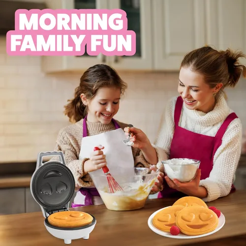 Vista 4 de Mini waflera de ojos de corazón Emoji, panqueques de cara sonriente de tamaño personal de 4 pulgadas Electric Non-Stick Baker Iron with Recipe