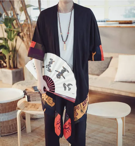Vista 6 de HZCX FASHION Chaqueta tipo kimono larga de lino y algodón para hombre