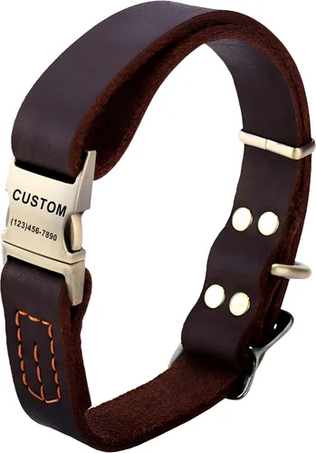 Vista 10 de Collar de cuero personalizado para mascotas, collar de perro personalizado con placa de identificación grabable, collar transpirable con hebilla