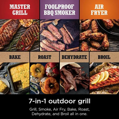 Vista 3 de Ninja OG701 Woodfire - Parrilla y ahumador para exteriores, parrilla principal 7 en 1, ahumador de barbacoa, freidora de aire más hornear, asar