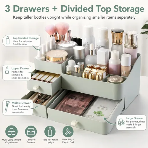 Vista 2 de Organizador de maquillaje para tocador, organizador grande de encimera con cajones, almacenamiento de cosméticos para el cuidado de la piel