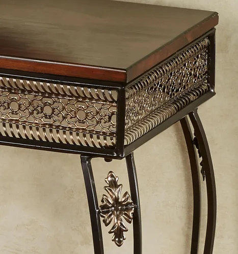 Vista 4 de Touch of Class Charleston Mesa consola calada ornamentada de bronce Madera y metal Patas de desplazamiento Mesas de estilo elegante