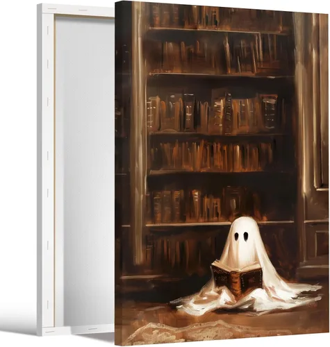 Vista 18 de Arte de pared vintage de Halloween embrujado de granja, parche de calabaza rústica con bonitos fantasmas, póster impreso en lienzo espeluznante