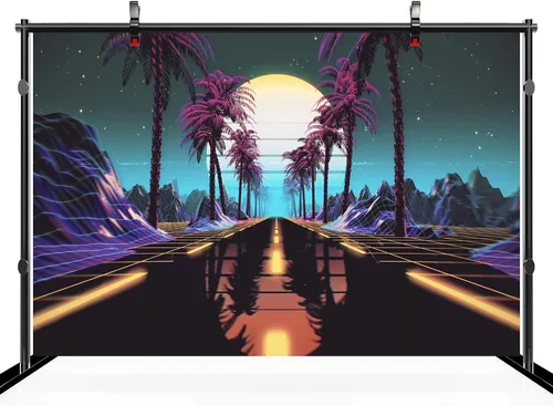 Vista 3 de 5x3ft Retro Futuristic 80s Backdrop Retrowave Neon Lights Road Tropical Trees Mountain Sun Starry Sky Background Cyberpunk Video Game Punk Birthday