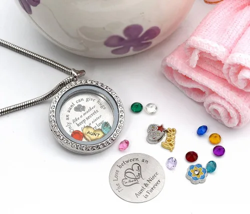 Vista 5 de El mejor regalo para sobrina tía, colgante de medallón de memoria flotante con dije y piedra natal para mujeres, niñas y adolescentes