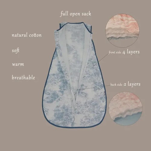 Vista 3 de Saco de dormir para bebé de muselina de algodón ligero para niños pequeños, saco de dormir suave para el verano, 0.5 tog, Blue Woods (0.5-0.7 Tog)