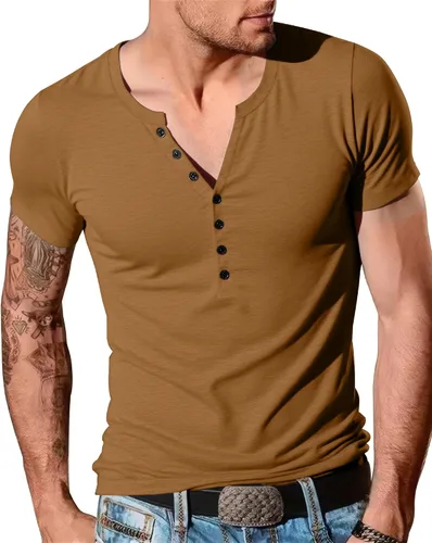 Vista 23 de YTD - Camiseta de manga larga Henley básica ajustada para hombre, estilo casual