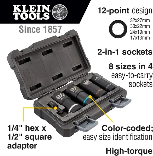 Vista 2 de Klein Tools Toma de impacto, métrica, unidad de 1/2 pulgada, enchufes profundos de 12 puntos