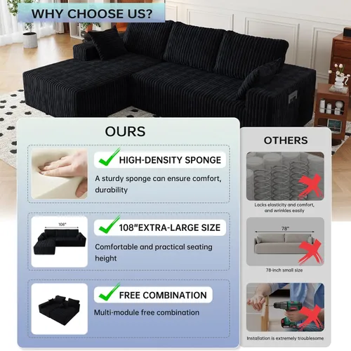 Vista 6 de Sofá modular de nube seccional de 108 pulgadas para sala de estar, asiento profundo en forma de L, sofá sin hueso con diván de gran tamaño, cómodo