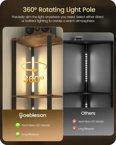 Vista 5 de Estante de exhibición de 64.2 pulgadas con luz, lámpara de pie de esquina moderna con estantes, lámpara de pie LED regulable con control remoto