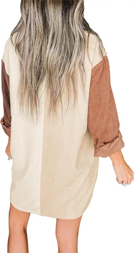 Vista 3 de Vestido tipo camisa de pana para mujer, de gran tamaño, con botones, manga larga, con bolsillos