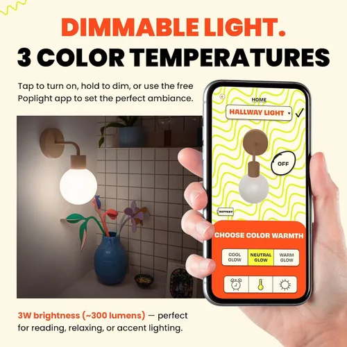Vista 3 de Poplight Aplique de pared inalámbrico (Shark Tank) Recargable y regulable, lámpara LED con control de aplicación e instalación sin daños, Diseño