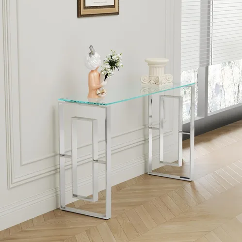Vista 8 de SSLine Mesa consola de vidrio templado, mesa de sofá de cristal transparente con marco de acero inoxidable, mesas de entrada doradas para pasillo