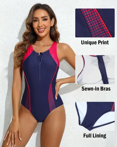 Vista 3 de beautyin Traje de baño de una pieza con cremallera frontal para mujer, traje de baño atlético con espalda cruzada