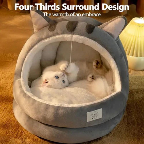 Vista 2 de Bonita cama para gatos, cama interior para gatos con cojín extraíble, casa de campaña de felpa para mascotas, diseño de orejas de dibujos animados