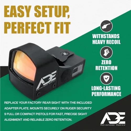 Vista 2 de ADE Advanced Optics Crusader RD3-009 - Mira de punto rojo - Incluye placa de montaje para Ruger Security 9 - Tecnología óptica Motion Awake Reflex