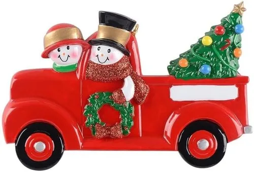 Vista 5 de Adorno de Navidad Personalizado de Familia de Pareja de Muñecos de Nieve en Camioneta Pickup Roja 2025 - Camioneta Pickup Roja Vintage con Árbol