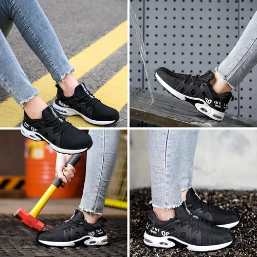 Vista 6 de LANSNBO Zapatos de punta de acero para mujer, zapatos de trabajo de seguridad indestructibles, con amortiguación de aire, ligeros, transpirables