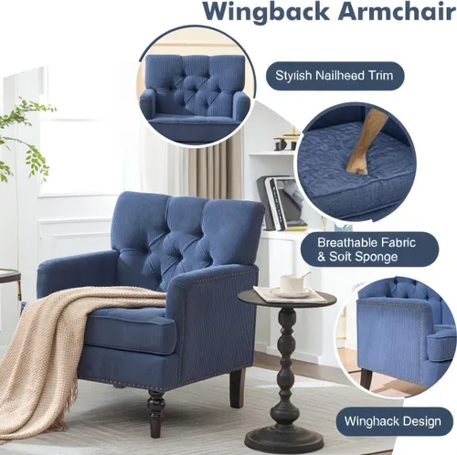 Vista 3 de Sillón acentuado, silla de club capitoné, sillón tapizado con botones con almohada lumbar, sillas de tela de lino para dormitorio, sala de estar