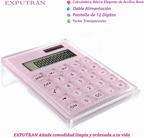 Vista 2 de Calculadora de Acrílico con Soporte, Batería y Energía Solar Híbrida Calculadora Básica de 12 Dígitos con Pantalla LCD, Accesorios de Escritorio Rosa