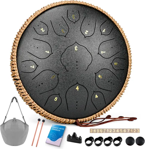 Vista 9 de Tambor de Lengua de Acero, 12 Pulgadas 15 Notas Tambores de Lengua, Tambores Handpan Instrumento de Percusión para Niños y Adultos, Tambor de Mano