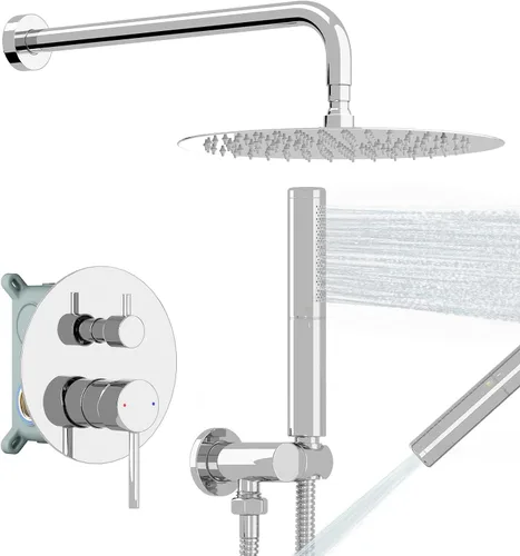 Vista 10 de BESy Sistema de ducha con cabezal de ducha de lluvia redondo de 10 pulgadas y montaje en pared de mano, juego combinado de grifo de ducha de lluvia