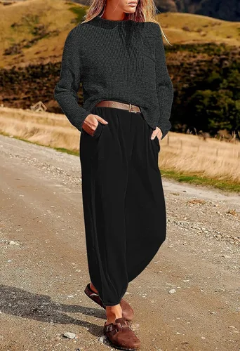 Vista 2 de Pink Queen Conjunto de 2 piezas de suéter de punto sin botones y pantalones de cintura alta para mujer 2023