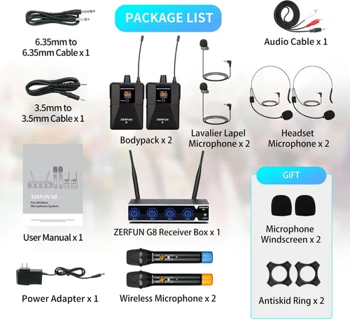 Vista 7 de Sistema de micrófono inalámbrico profesional de 4 canales, auriculares de mano inalámbricos de metal UHF, micrófonos de solapa para cantar karaoke
