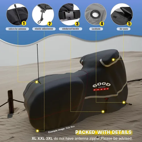 Vista 5 de Funda para motocicleta 600D resistente para todas las estaciones, universal, impermeable, protección solar al aire libre, duradera, reflectante Negro