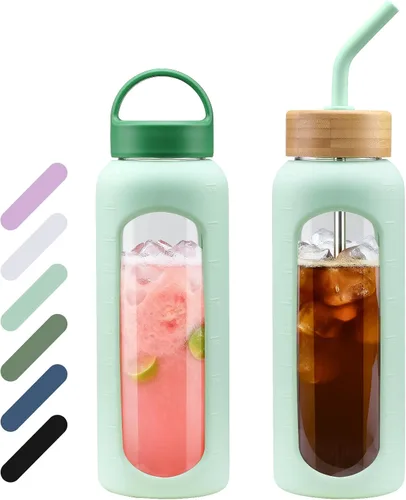 Vista 17 de WINSA - Botella de agua de vidrio de 24 onzas, vaso de vidrio con popote, botellas reutilizables con 2 tapas - Tapa con asa y tapa de bambú