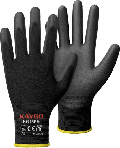 Vista 14 de KAYGO Guantes de trabajo con revestimiento de poliuretano 12 pares, KG15P, forro de nailon con revestimiento de poliuretano flexible, guantes