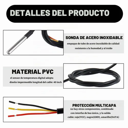 Vista 5 de BOJACK DS18B20 1M Sensor de temperatura Sonda de temperatura de acero inoxidable Paquete impermeable (paquete de 2)