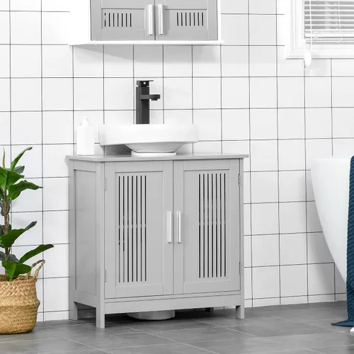 Vista 2 de kleankin Armario moderno para debajo del fregadero con 2 puertas, armario de baño con pedestal debajo del fregadero, armario de tocador de baño