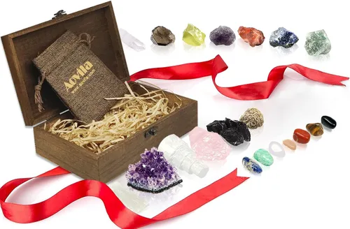 Vista 4 de Juego de cristales y piedras curativas de primera calidad en caja de madera, juego de cristales curativos para principiantes, piedras de chakra