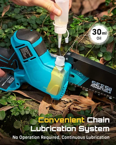 Vista 6 de SEESII Mini motosierra sin escobillas de 6 pulgadas, sierra de mano con 2 baterías de 2000 mAh, motosierra inalámbrica con engrasador automático