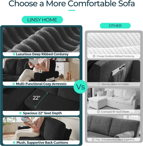 Vista 3 de LINSY HOME Sofá Cama Seccional Extraíble con Almacenamiento, Sofás Seccionales Modulares Extraíbles de Pana Suave para Sala de Estar, Sofá Cama