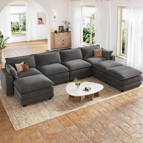 Vista 10 de Sofá de nube en forma de L de 118 pulgadas, sofá modular de gran tamaño con otomana móvil, cómodo sofá de felpilla de 4 plazas con asiento profundo