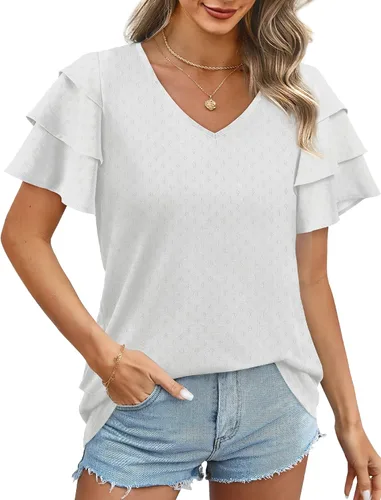 Vista 2 de Bofell Camisas y blusas de verano con cuello en V y mangas con volantes para mujer