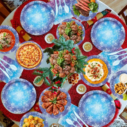 Vista 7 de Kit de vajilla mágica para fiesta de Frozen Wonderland – 161 suministros de cumpleaños de copos de nieve de invierno azules y morados para niños