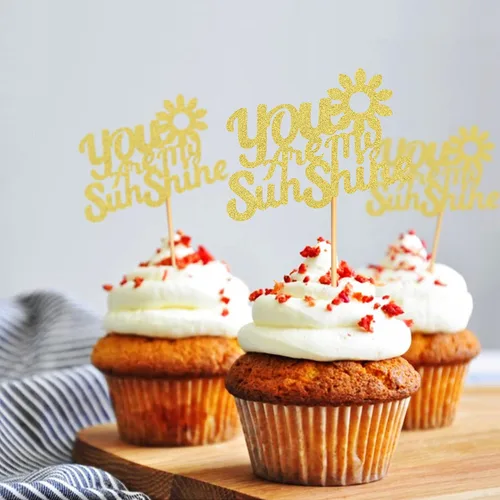 Vista 2 de 24 adornos dorados con purpurina para cupcakes con texto en inglés "You are My Sunshine", para baby shower, baby shower, revelación de género