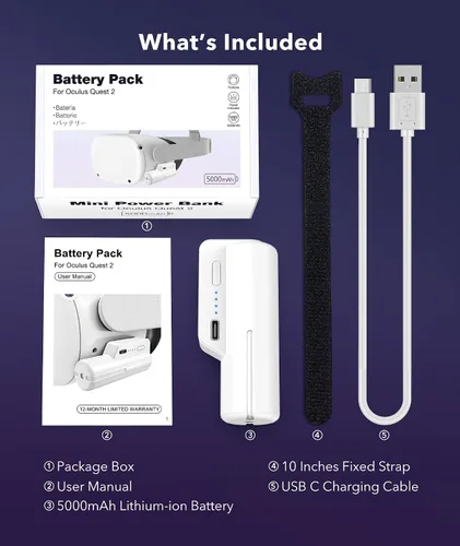 Vista 6 de 5000mah Battery Pack fit for Meta Oculus Quest 2 & Elite Head Strap, Lightweight Portable VR Power Charger Battery Extender Rechargeable Meta