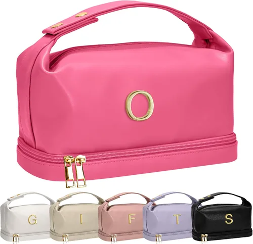 Vista 181 de Bolsa de maquillaje con asa, bolsa de cosméticos impermeable de doble capa, bolsas de maquillaje de cuero PU de gran capacidad con letra, bolsa