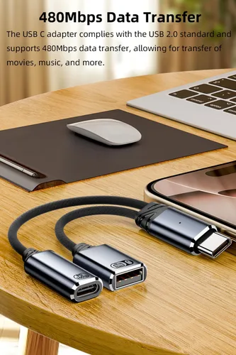 Vista 5 de Jadebones Cable USB C a USB OTG y adaptador de carga, divisor USB-C 2 en 1 con carga rápida de 100 W para iPhone serie 16/15, iPad, MacBook, Galaxy